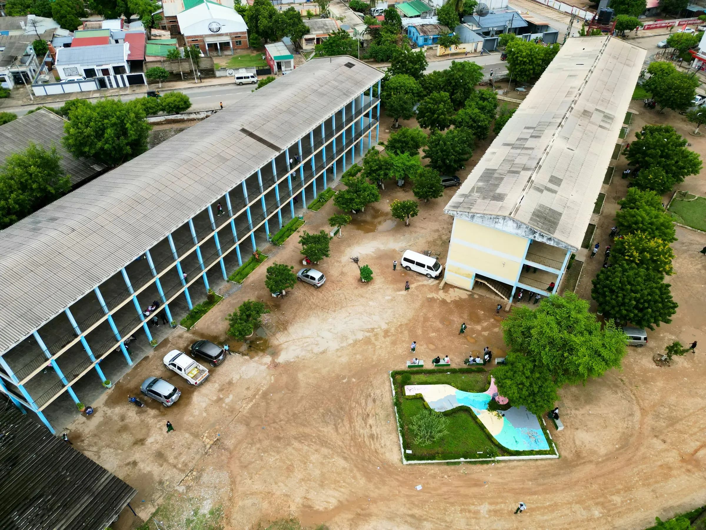 A school campus seen from the air